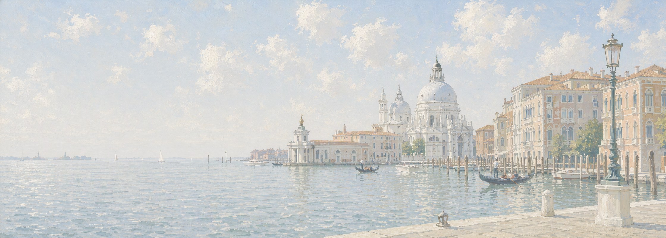 An impressionist painting of a sunlit Venetian lagoon: pale palazzos along the water, a white domed church across the basin, gondolas on calm water