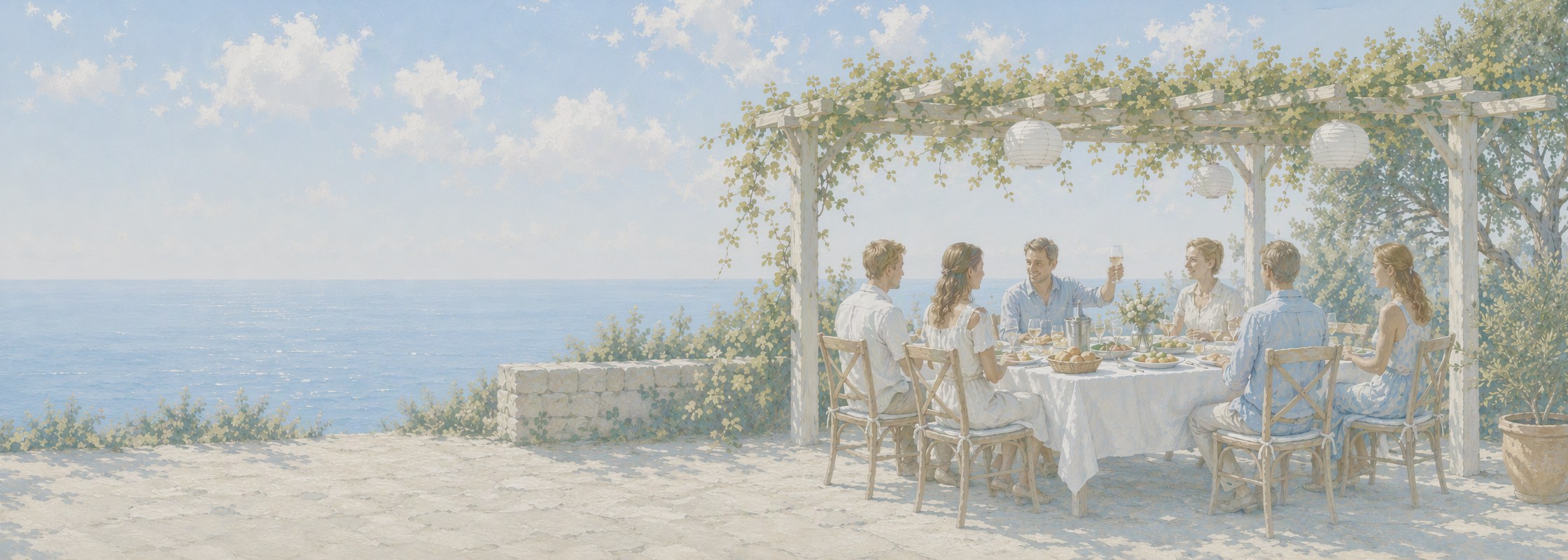 An impressionist painting of six friends facing each other across a long lunch table under a vine-covered pergola with paper lanterns, above a sunlit sea