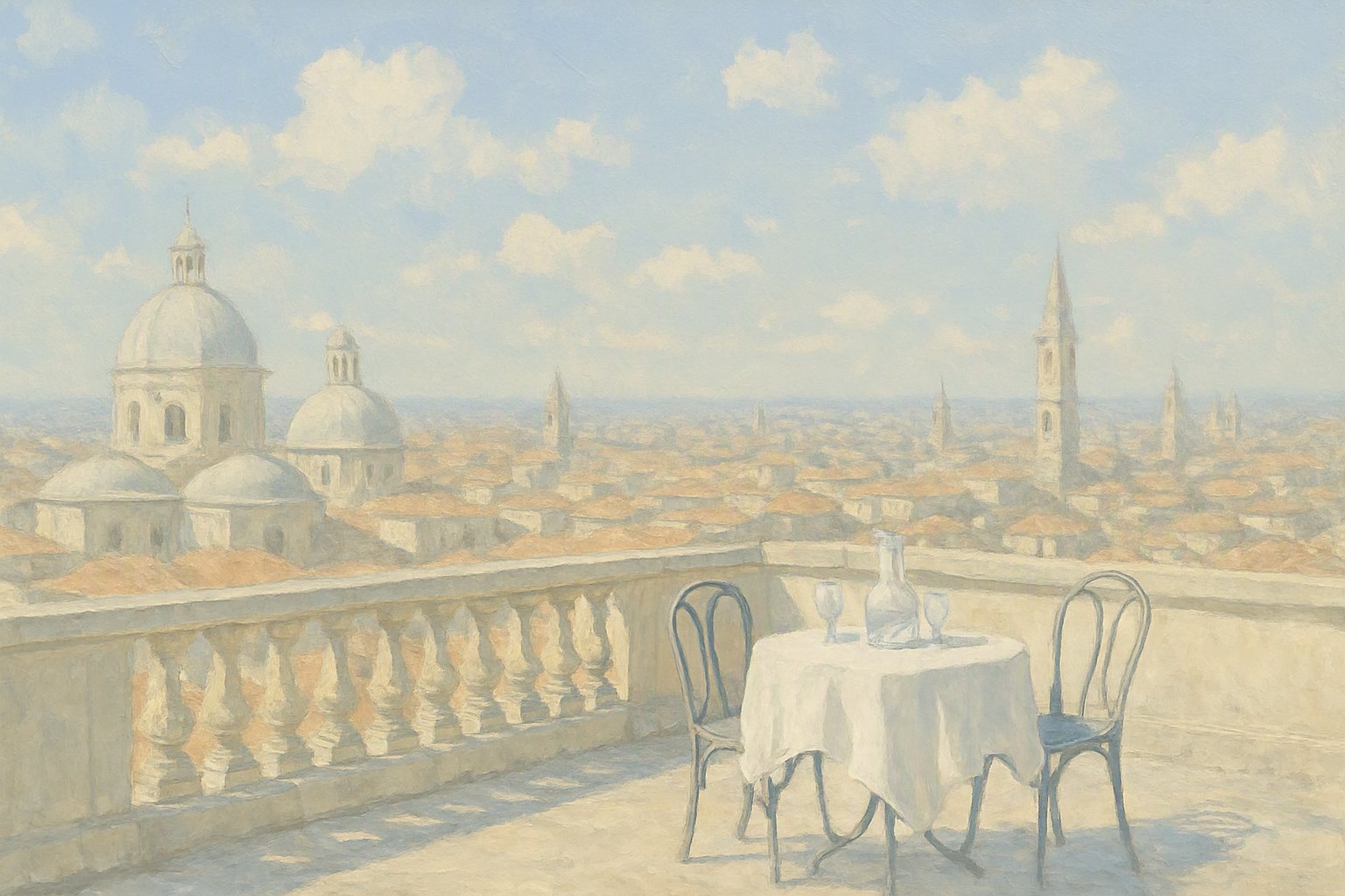 An impressionist painting of a sunlit rooftop terrace, a café table for two above domes and terracotta roofs