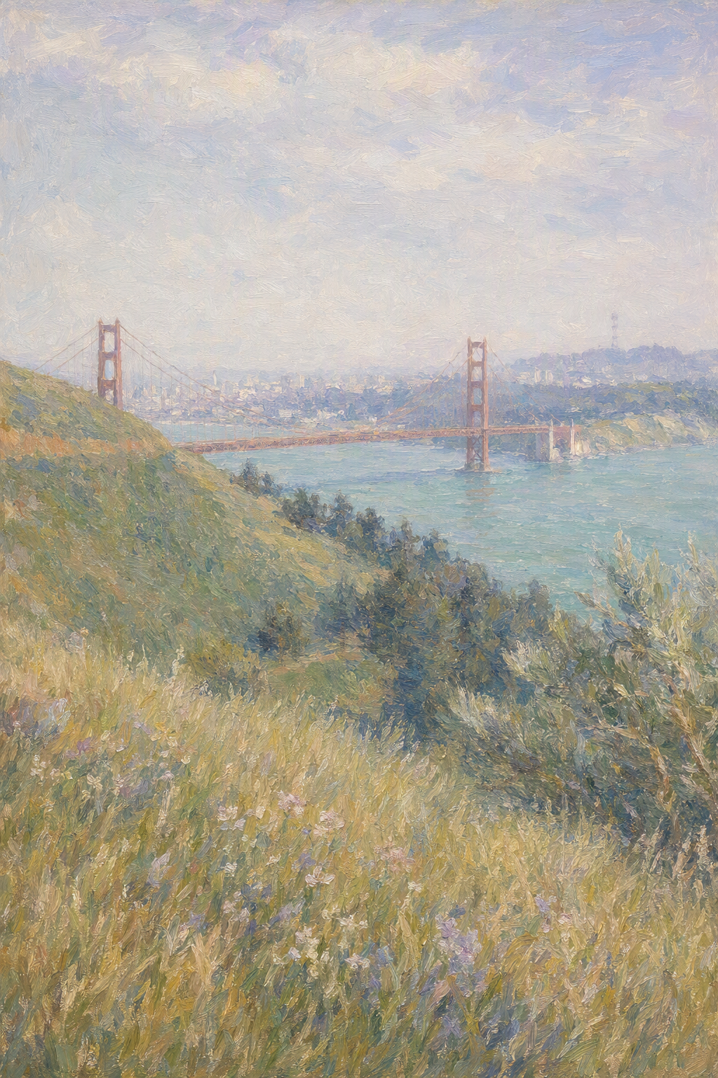 Impressionist oil painting of the Golden Gate Bridge from a wildflower headland